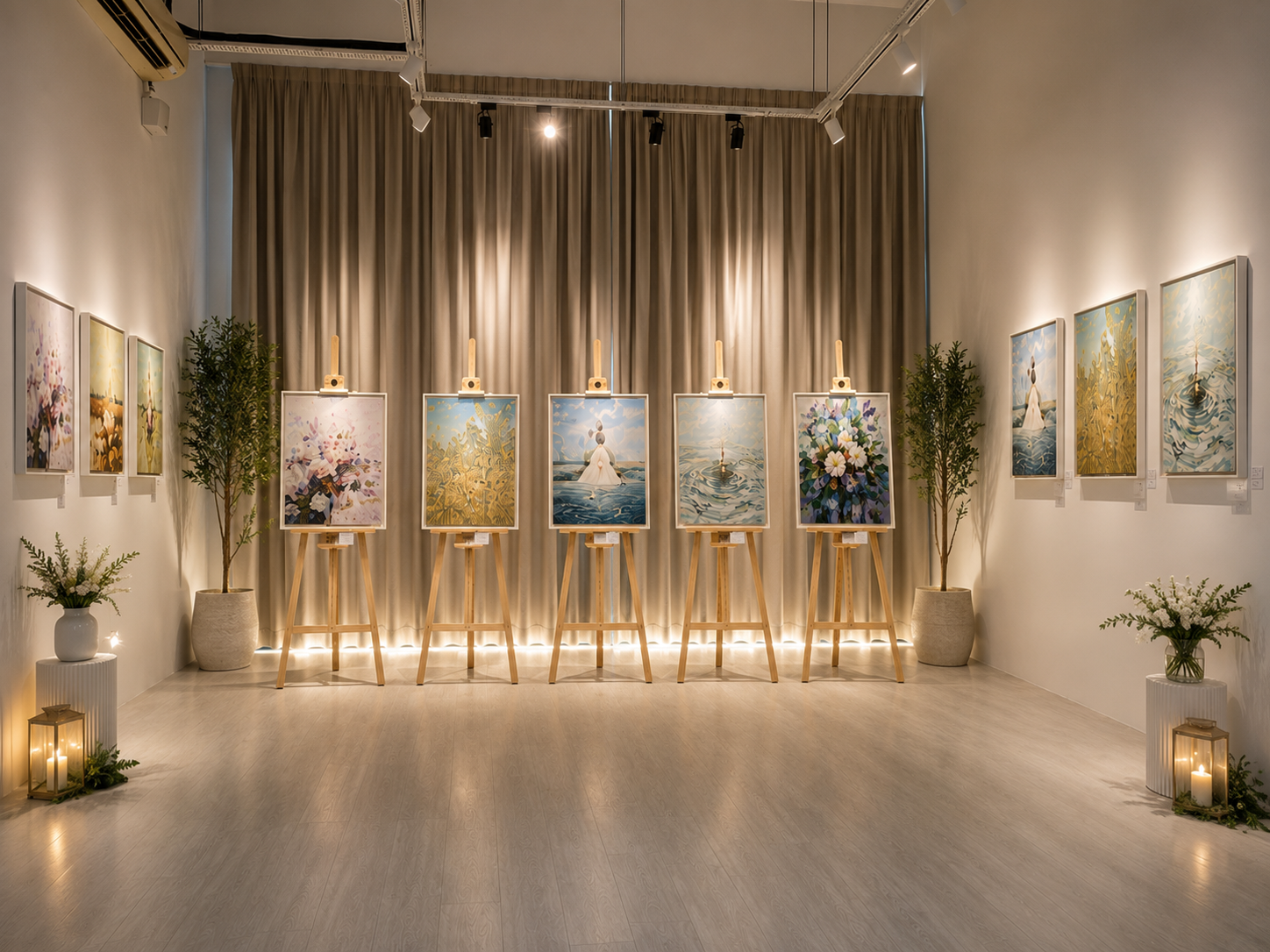 Gallery interior at Art & Lifestyle Gallery, Petaling Jaya — paintings displayed on easels under warm spotlighting, part of the My Art, My Story exhibition